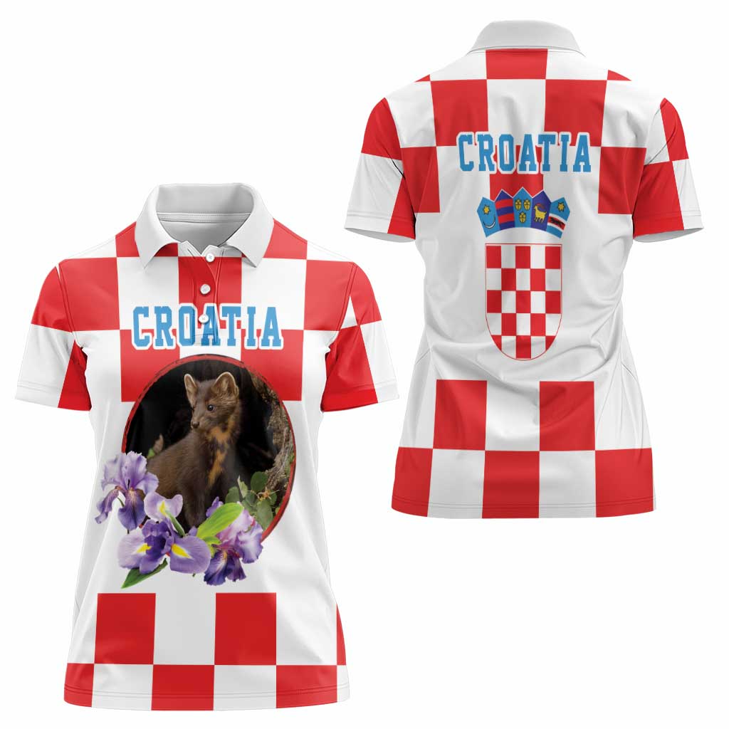 Croatia European Pine Marten and Iris Women Polo Shirt National Animal and Flowers LT17 - Wonder Print Shop