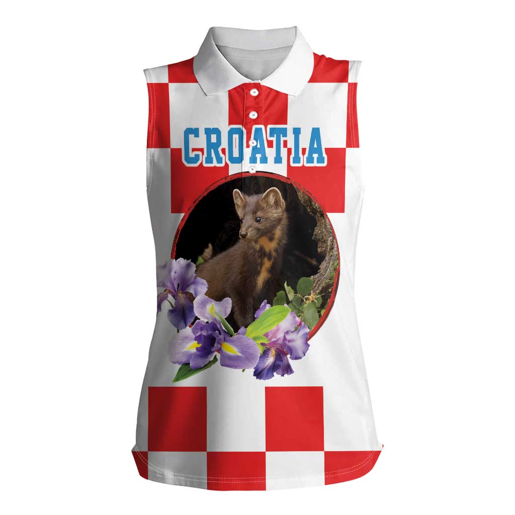 Croatia European Pine Marten and Iris Women Sleeveless Polo Shirt National Animal and Flowers LT17 - Wonder Print Shop