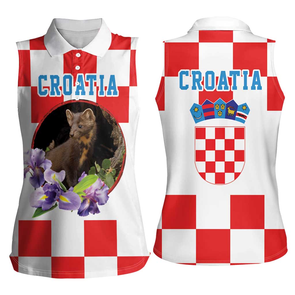 Croatia European Pine Marten and Iris Women Sleeveless Polo Shirt National Animal and Flowers LT17 - Wonder Print Shop