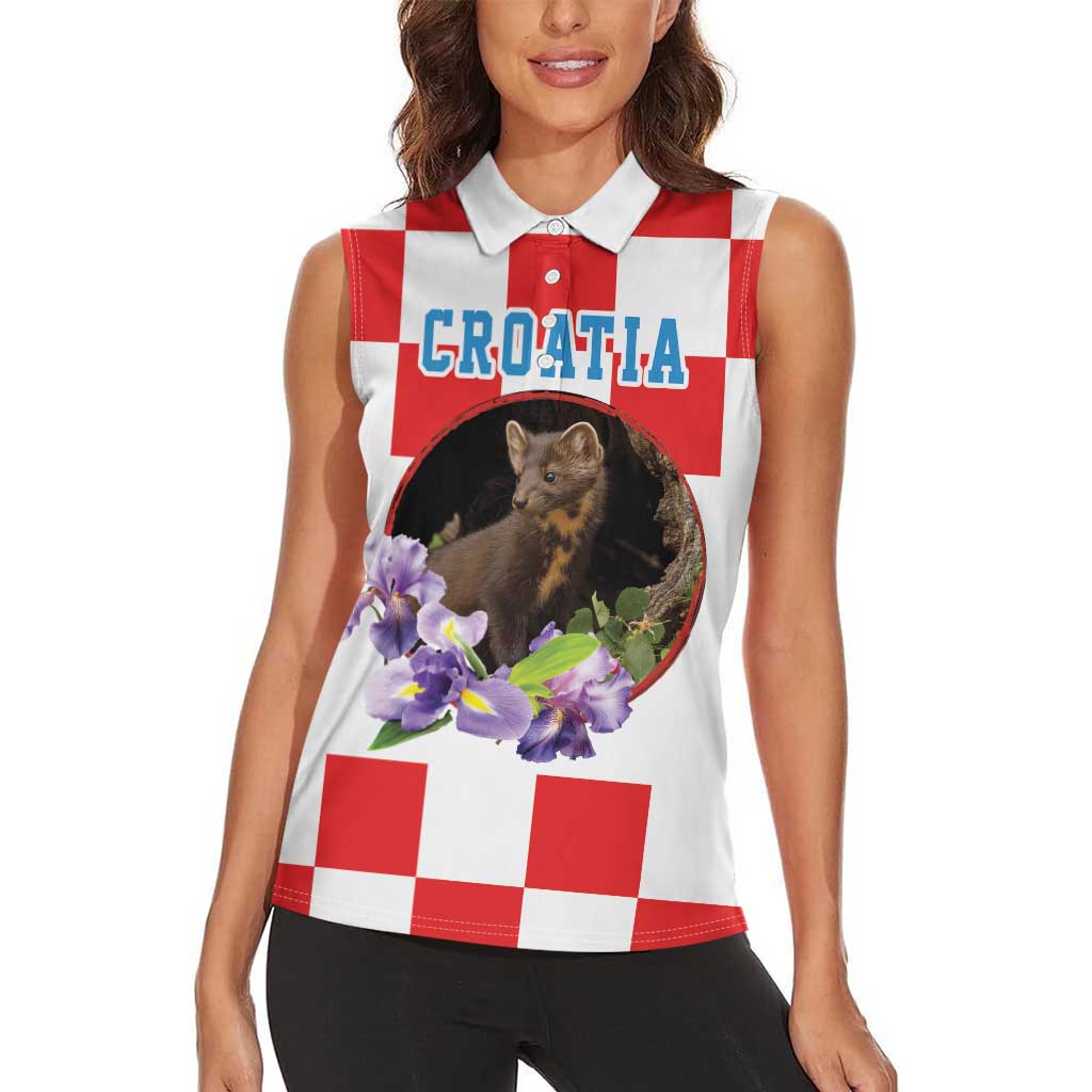Croatia European Pine Marten and Iris Women Sleeveless Polo Shirt National Animal and Flowers LT17 - Wonder Print Shop