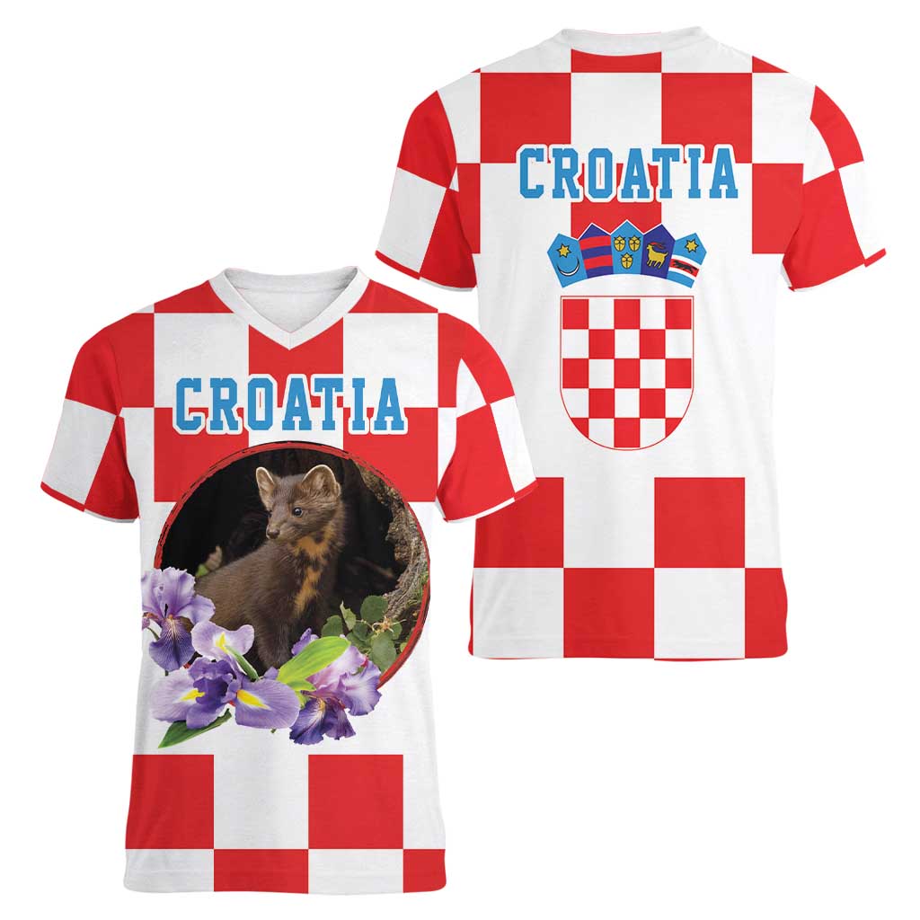 Croatia European Pine Marten and Iris Women V-Neck T-Shirt National Animal and Flowers LT17 - Wonder Print Shop