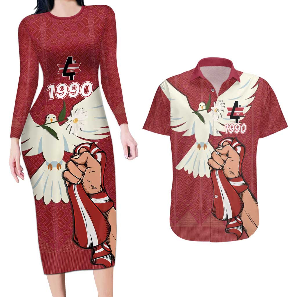 Latvia Restoration of Independence Day Couples Matching Long Sleeve Bodycon Dress and Hawaiian Shirt Latvija 4th May with Dove