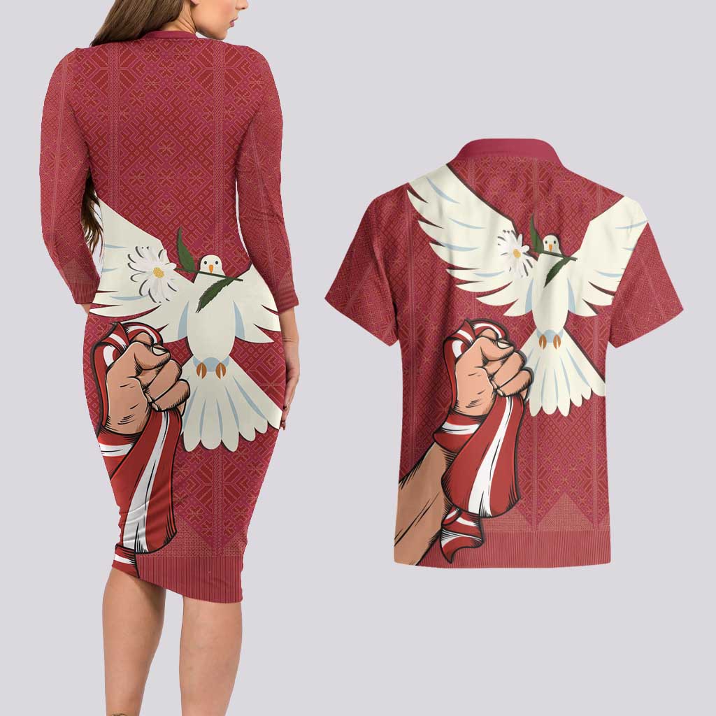 Latvia Restoration of Independence Day Couples Matching Long Sleeve Bodycon Dress and Hawaiian Shirt Latvija 4th May with Dove