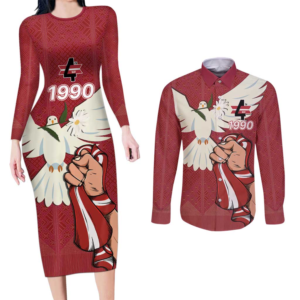 Latvia Restoration of Independence Day Couples Matching Long Sleeve Bodycon Dress and Long Sleeve Button Shirt Latvija 4th May with Dove
