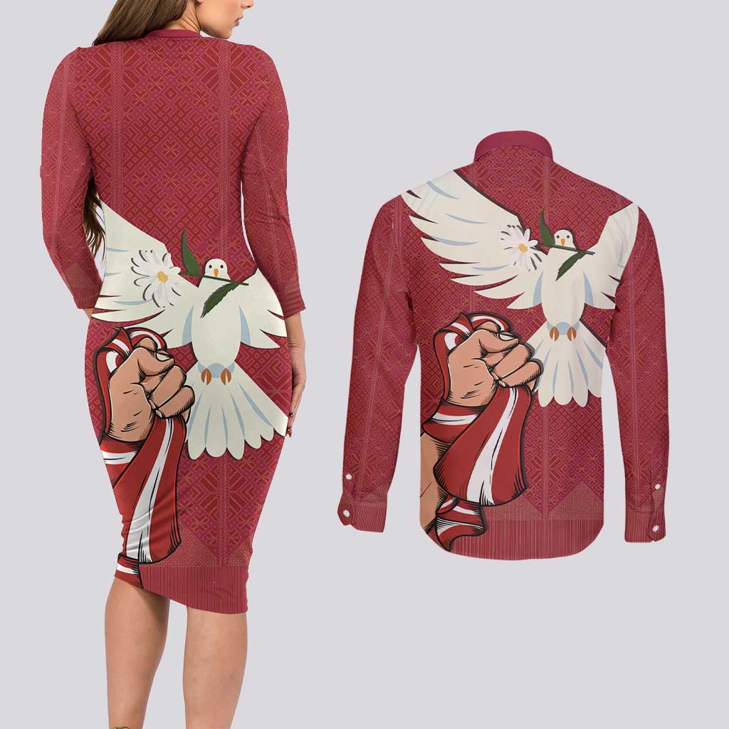 Latvia Restoration of Independence Day Couples Matching Long Sleeve Bodycon Dress and Long Sleeve Button Shirt Latvija 4th May with Dove