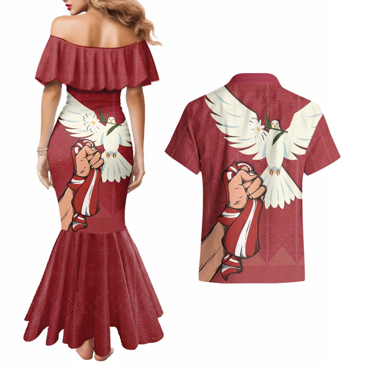 Latvia Restoration of Independence Day Couples Matching Mermaid Dress and Hawaiian Shirt Latvija 4th May with Dove