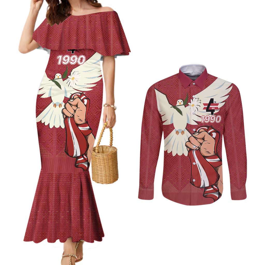 Latvia Restoration of Independence Day Couples Matching Mermaid Dress and Long Sleeve Button Shirt Latvija 4th May with Dove
