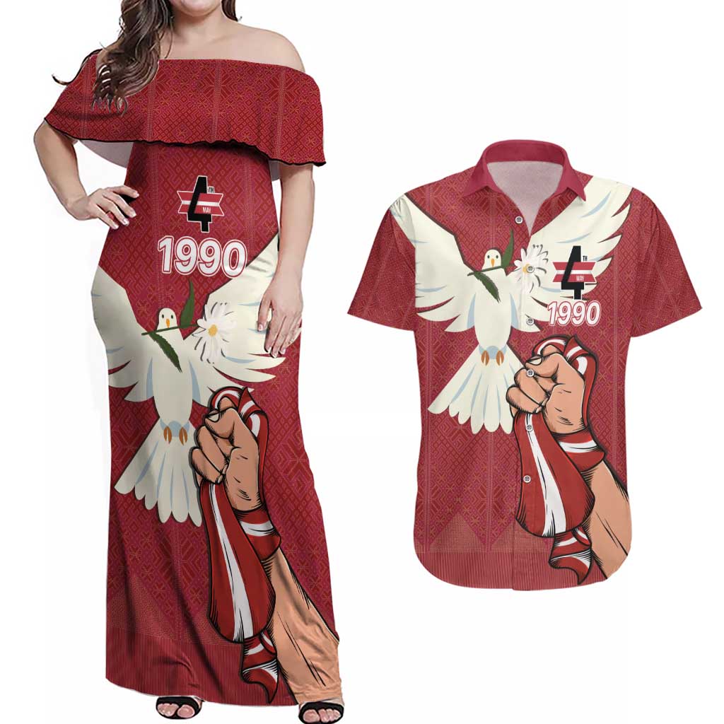 Latvia Restoration of Independence Day Couples Matching Off Shoulder Maxi Dress and Hawaiian Shirt Latvija 4th May with Dove