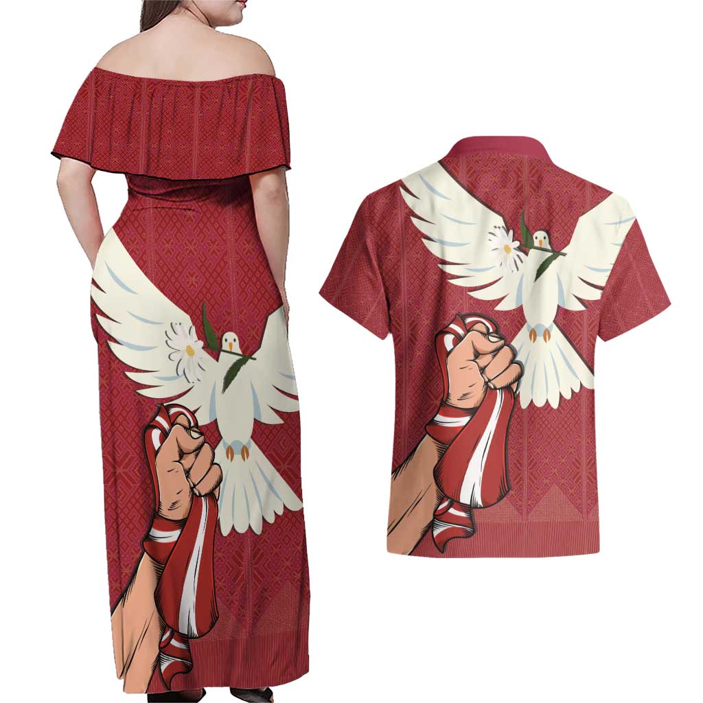Latvia Restoration of Independence Day Couples Matching Off Shoulder Maxi Dress and Hawaiian Shirt Latvija 4th May with Dove