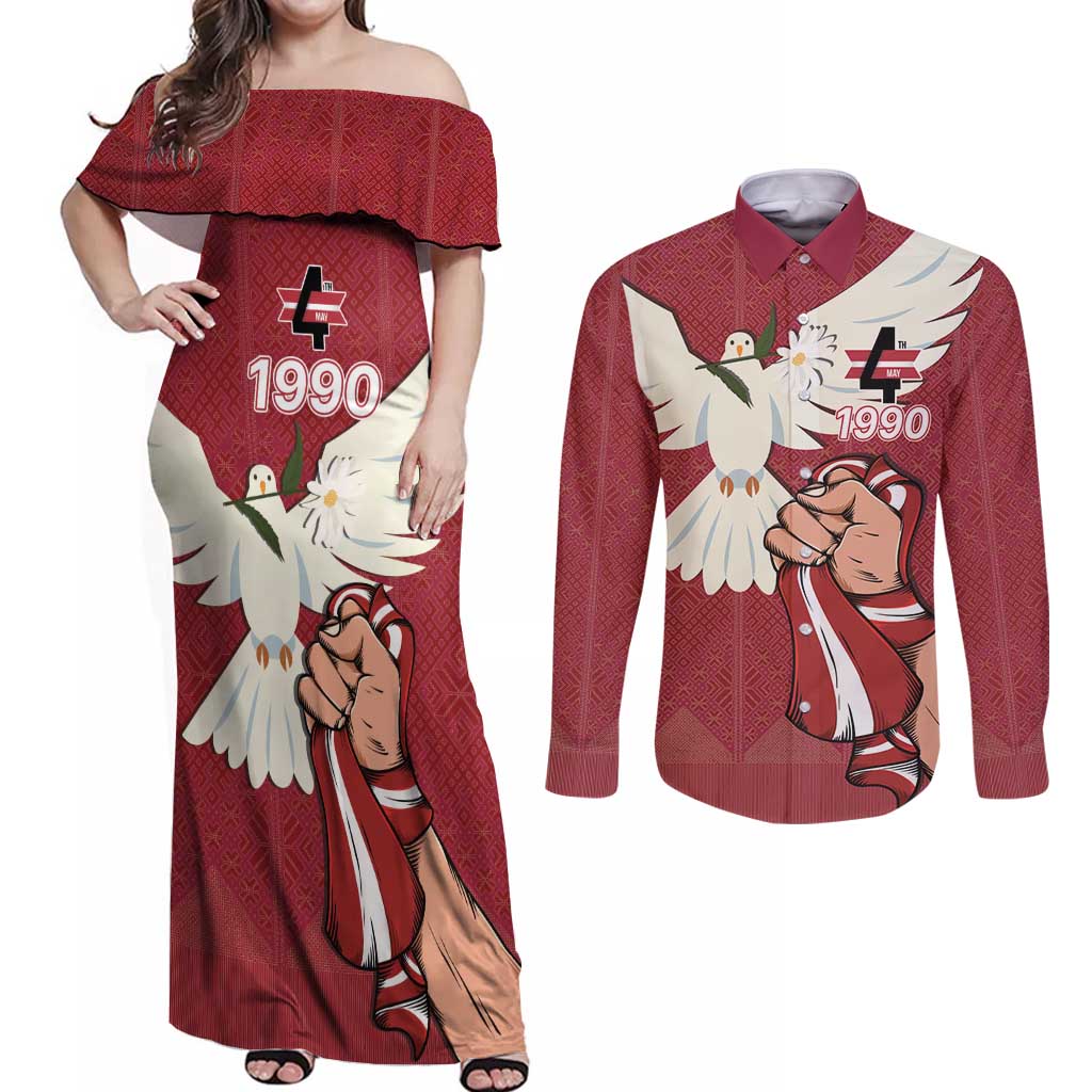Latvia Restoration of Independence Day Couples Matching Off Shoulder Maxi Dress and Long Sleeve Button Shirt Latvija 4th May with Dove