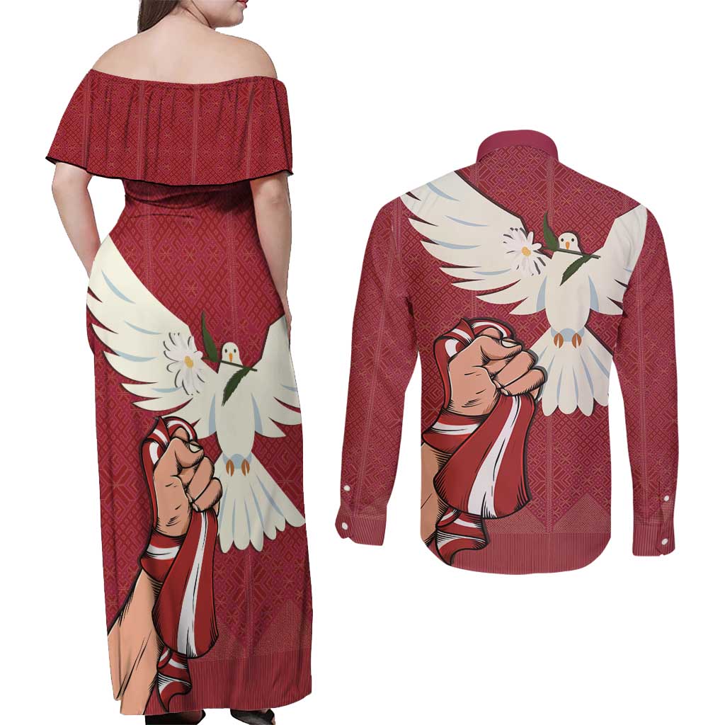 Latvia Restoration of Independence Day Couples Matching Off Shoulder Maxi Dress and Long Sleeve Button Shirt Latvija 4th May with Dove