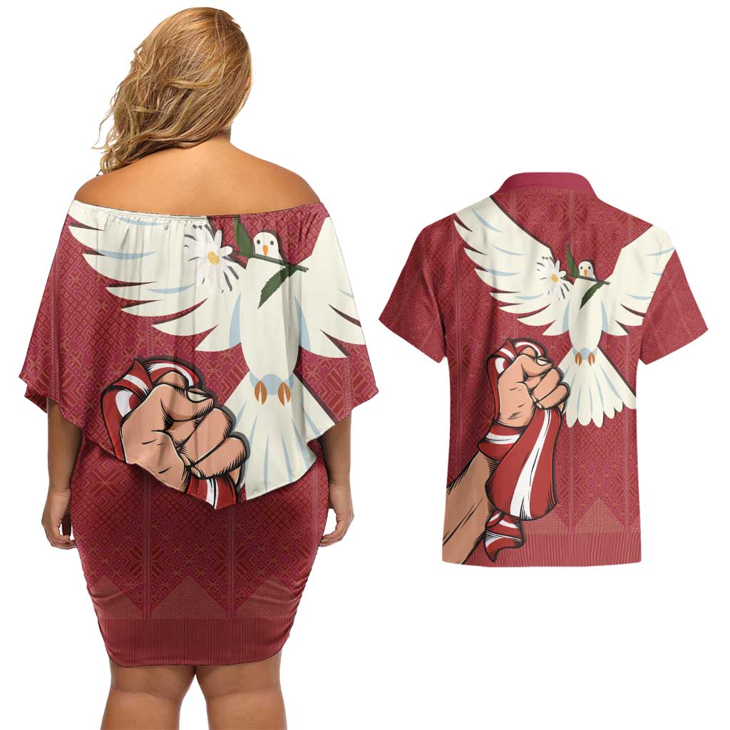 Latvia Restoration of Independence Day Couples Matching Off Shoulder Short Dress and Hawaiian Shirt Latvija 4th May with Dove