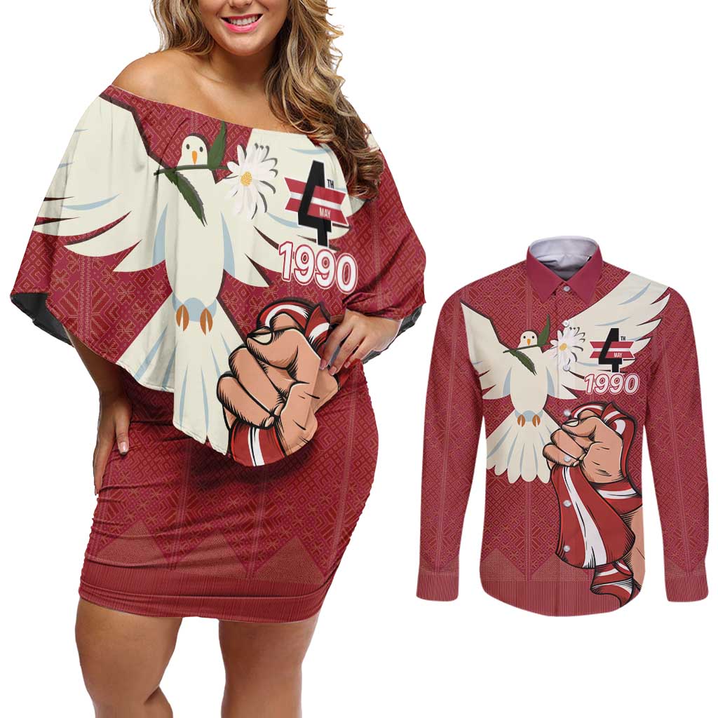 Latvia Restoration of Independence Day Couples Matching Off Shoulder Short Dress and Long Sleeve Button Shirt Latvija 4th May with Dove