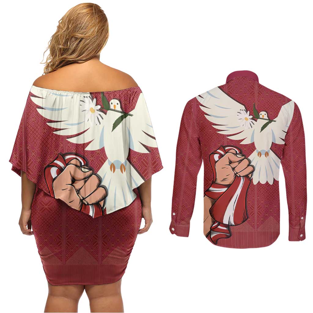 Latvia Restoration of Independence Day Couples Matching Off Shoulder Short Dress and Long Sleeve Button Shirt Latvija 4th May with Dove