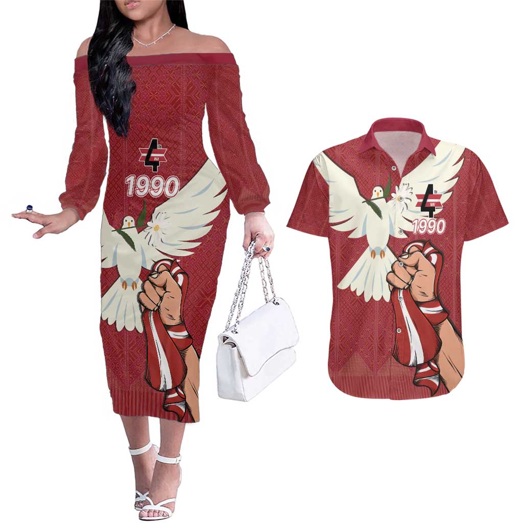 Latvia Restoration of Independence Day Couples Matching Off The Shoulder Long Sleeve Dress and Hawaiian Shirt Latvija 4th May with Dove