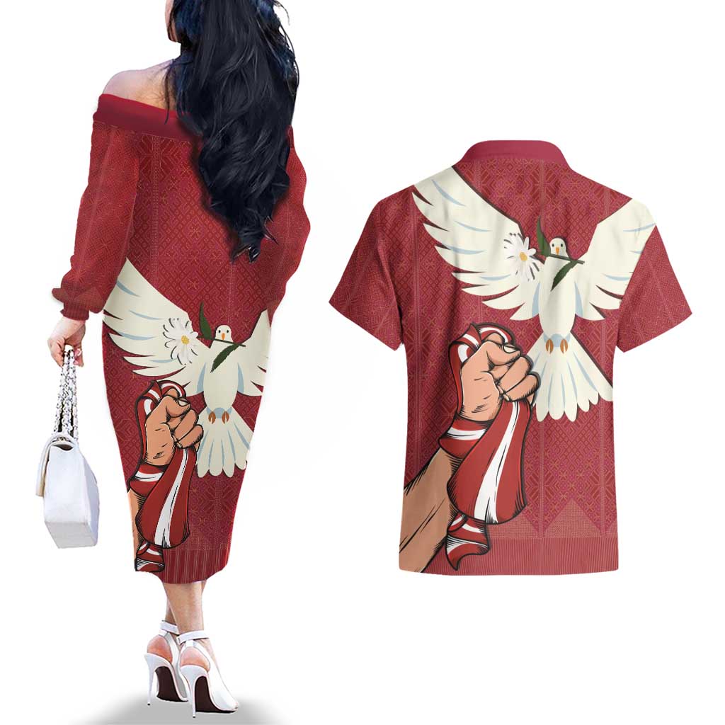 Latvia Restoration of Independence Day Couples Matching Off The Shoulder Long Sleeve Dress and Hawaiian Shirt Latvija 4th May with Dove