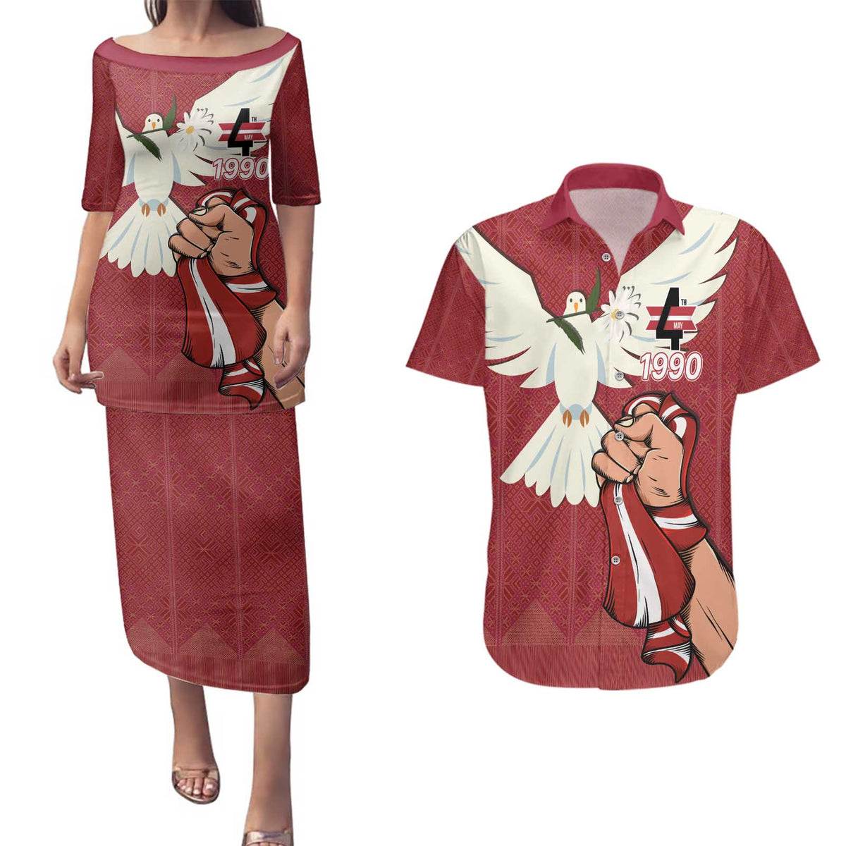 Latvia Restoration of Independence Day Couples Matching Puletasi and Hawaiian Shirt Latvija 4th May with Dove