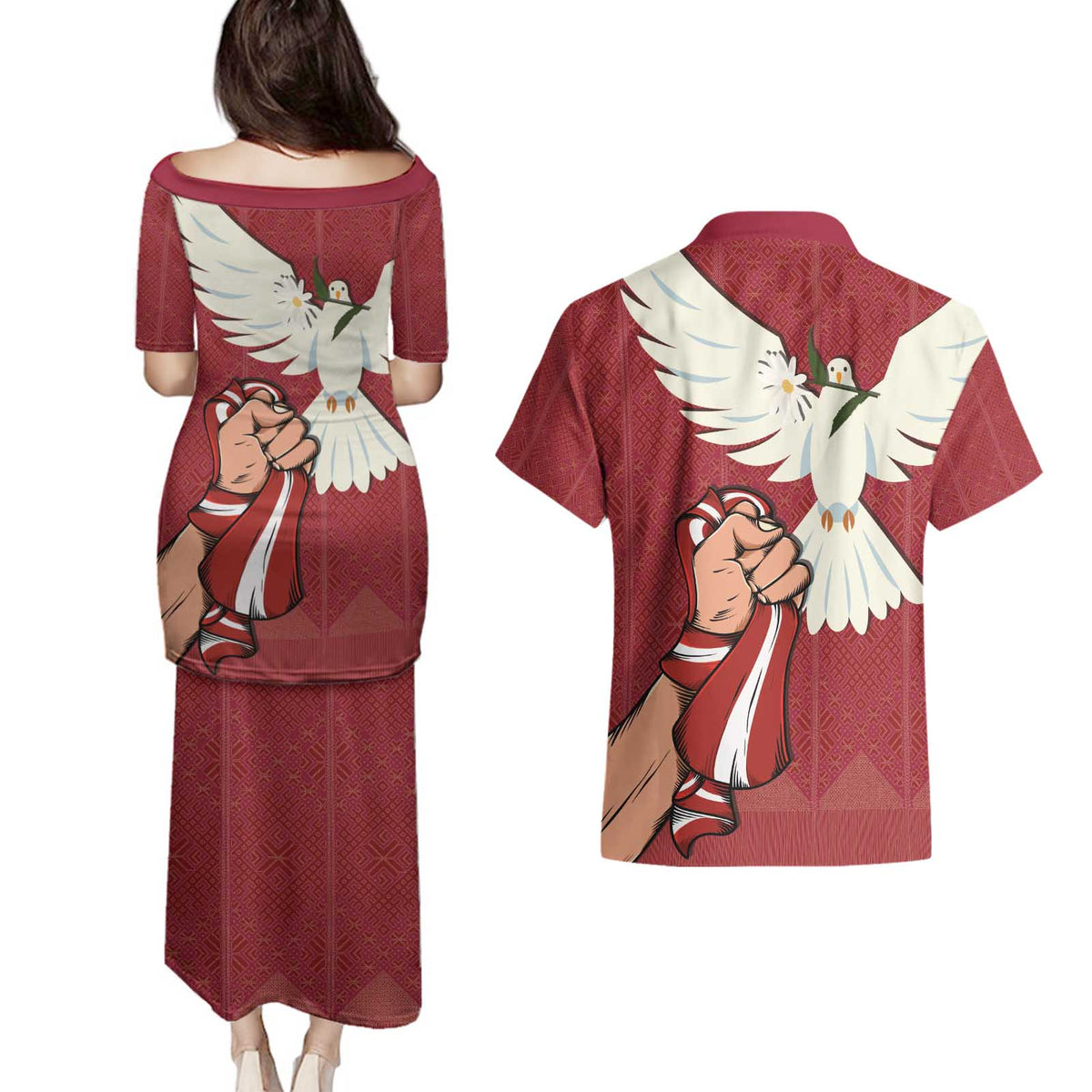 Latvia Restoration of Independence Day Couples Matching Puletasi and Hawaiian Shirt Latvija 4th May with Dove