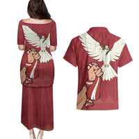 Latvia Restoration of Independence Day Couples Matching Puletasi and Hawaiian Shirt Latvija 4th May with Dove