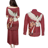 Latvia Restoration of Independence Day Couples Matching Puletasi and Long Sleeve Button Shirt Latvija 4th May with Dove