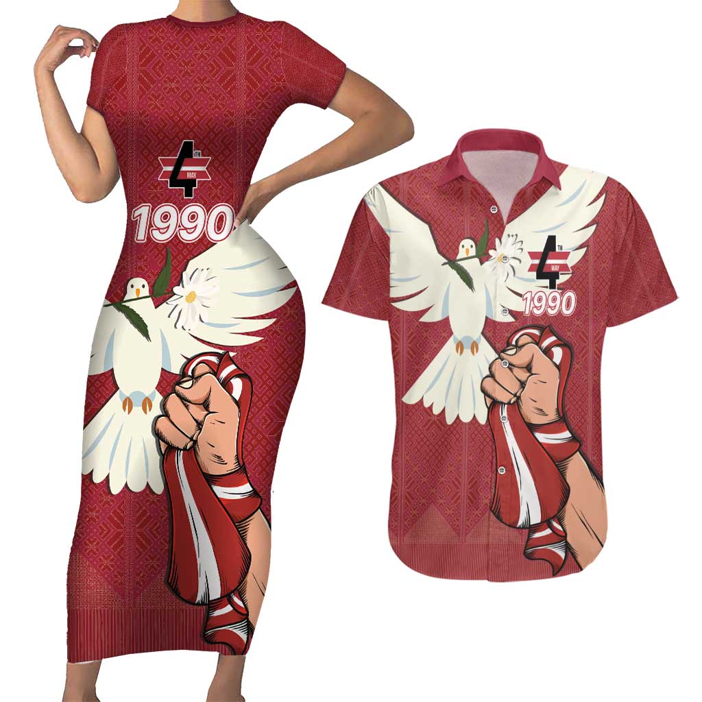 Latvia Restoration of Independence Day Couples Matching Short Sleeve Bodycon Dress and Hawaiian Shirt Latvija 4th May with Dove