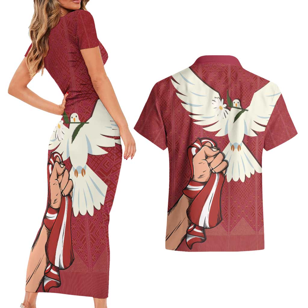 Latvia Restoration of Independence Day Couples Matching Short Sleeve Bodycon Dress and Hawaiian Shirt Latvija 4th May with Dove