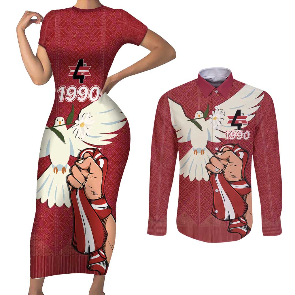 Latvia Restoration of Independence Day Couples Matching Short Sleeve Bodycon Dress and Long Sleeve Button Shirt Latvija 4th May with Dove