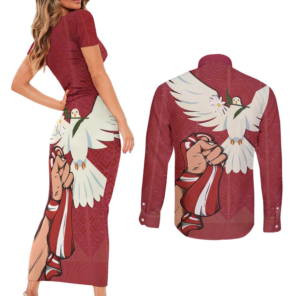 Latvia Restoration of Independence Day Couples Matching Short Sleeve Bodycon Dress and Long Sleeve Button Shirt Latvija 4th May with Dove
