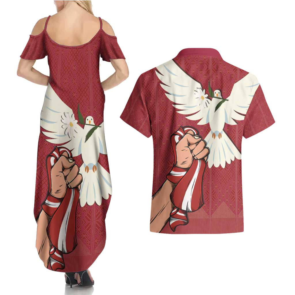 Latvia Restoration of Independence Day Couples Matching Summer Maxi Dress and Hawaiian Shirt Latvija 4th May with Dove