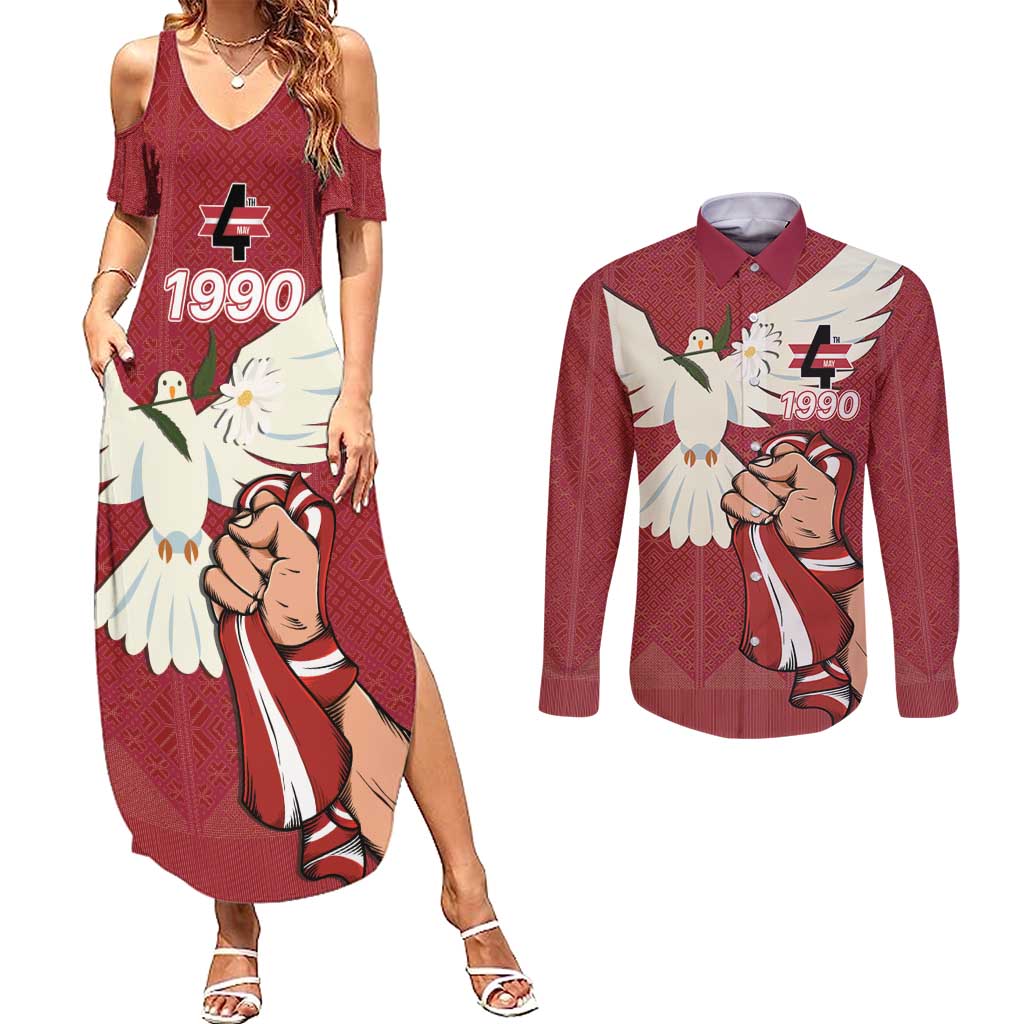Latvia Restoration of Independence Day Couples Matching Summer Maxi Dress and Long Sleeve Button Shirt Latvija 4th May with Dove