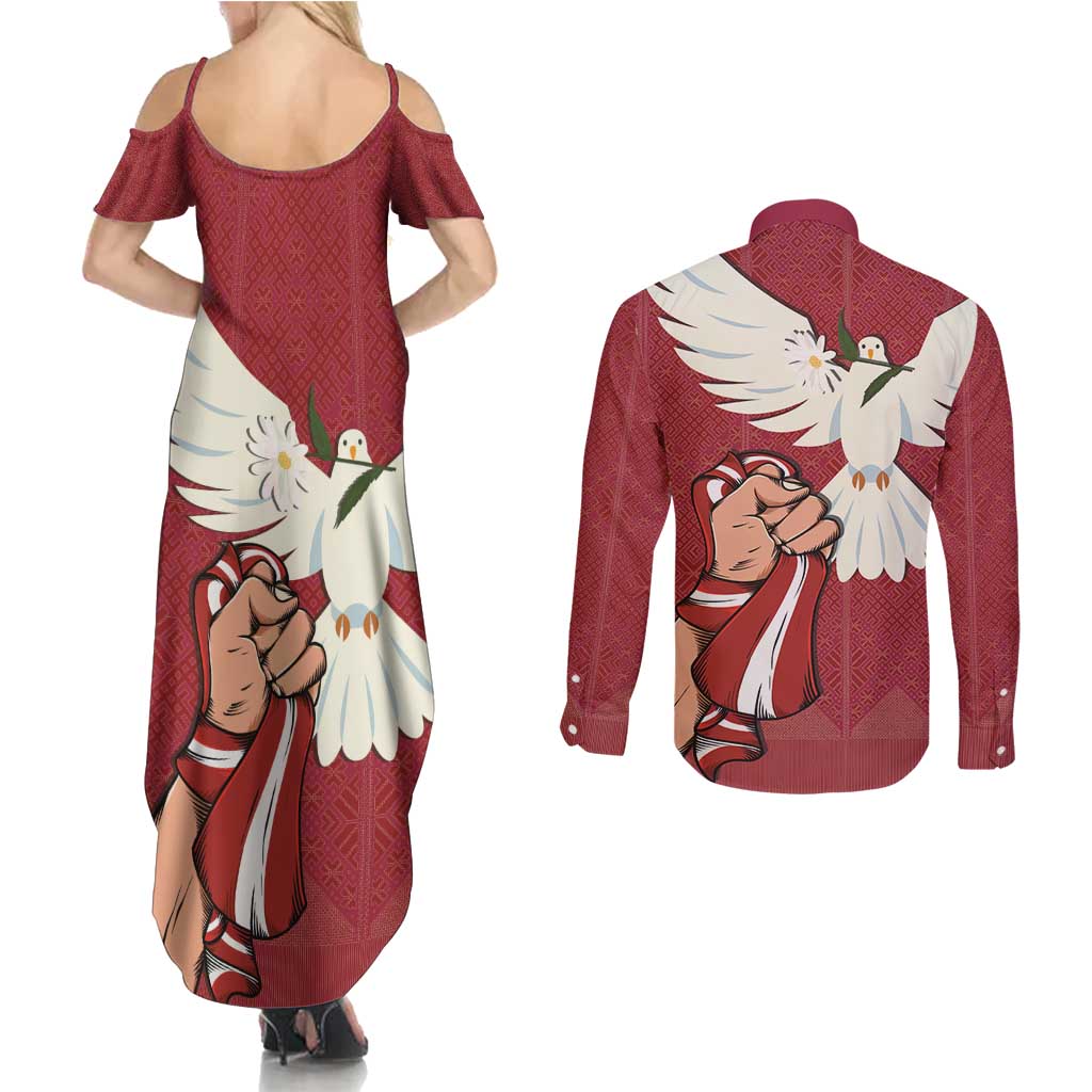Latvia Restoration of Independence Day Couples Matching Summer Maxi Dress and Long Sleeve Button Shirt Latvija 4th May with Dove