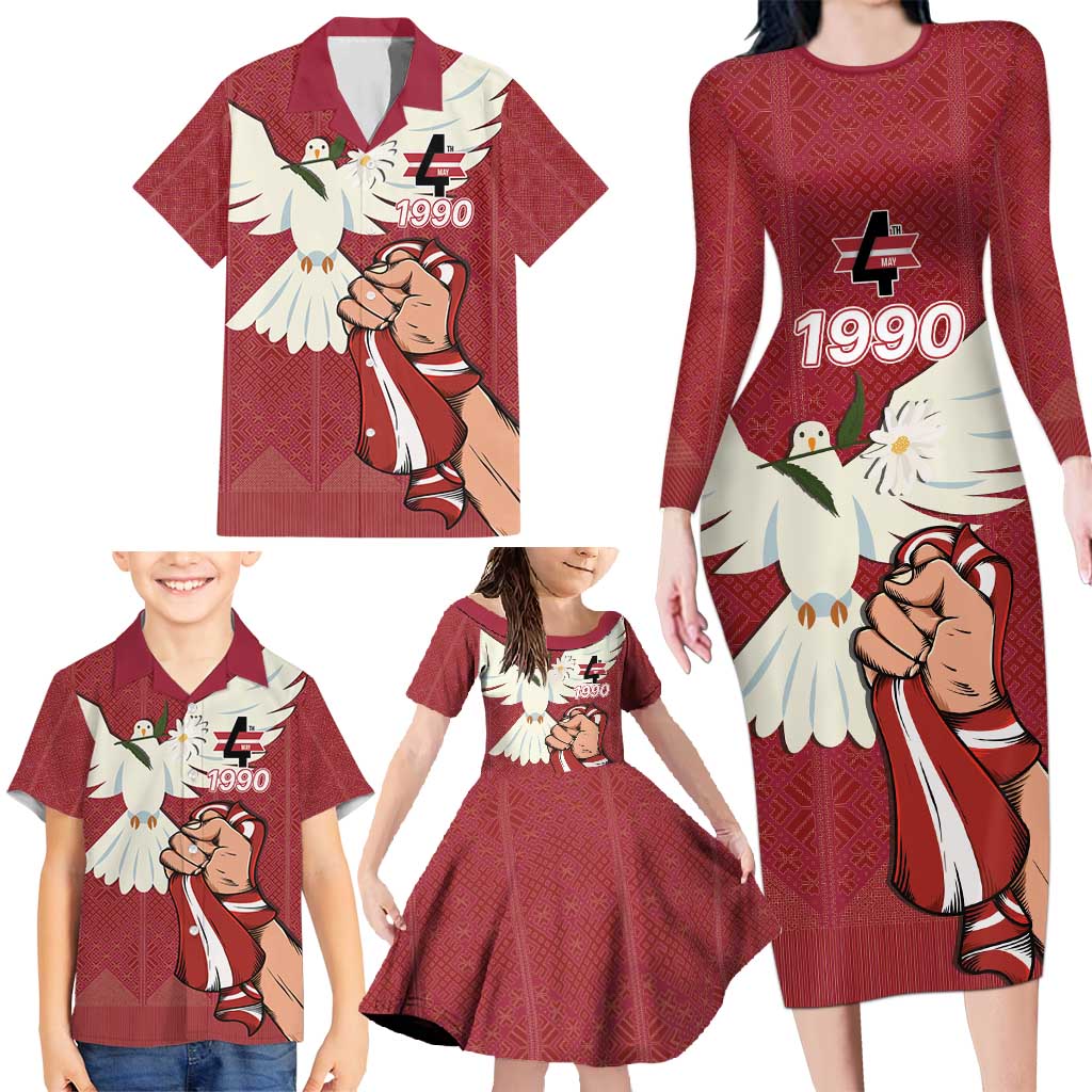 Latvia Restoration of Independence Day Family Matching Long Sleeve Bodycon Dress and Hawaiian Shirt Latvija 4th May with Dove