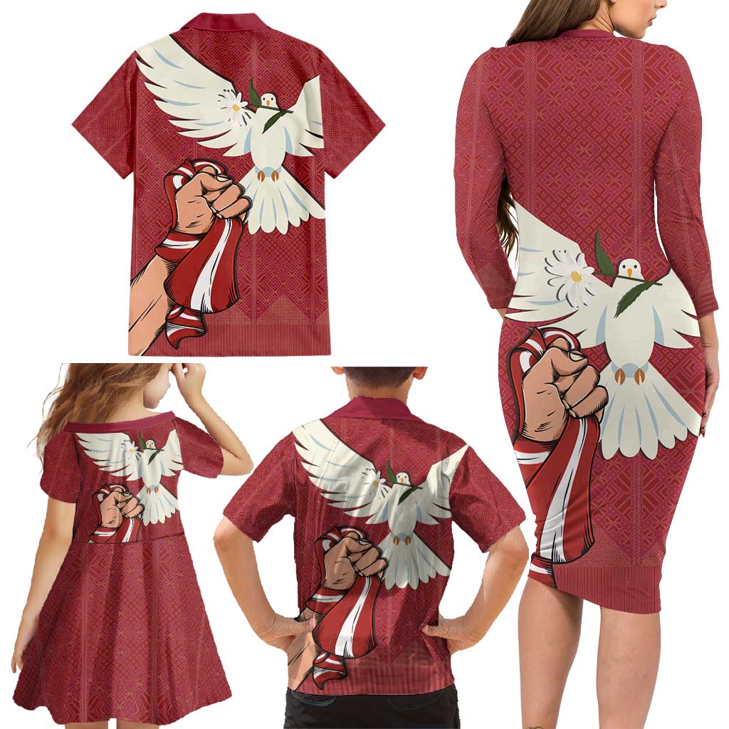 Latvia Restoration of Independence Day Family Matching Long Sleeve Bodycon Dress and Hawaiian Shirt Latvija 4th May with Dove