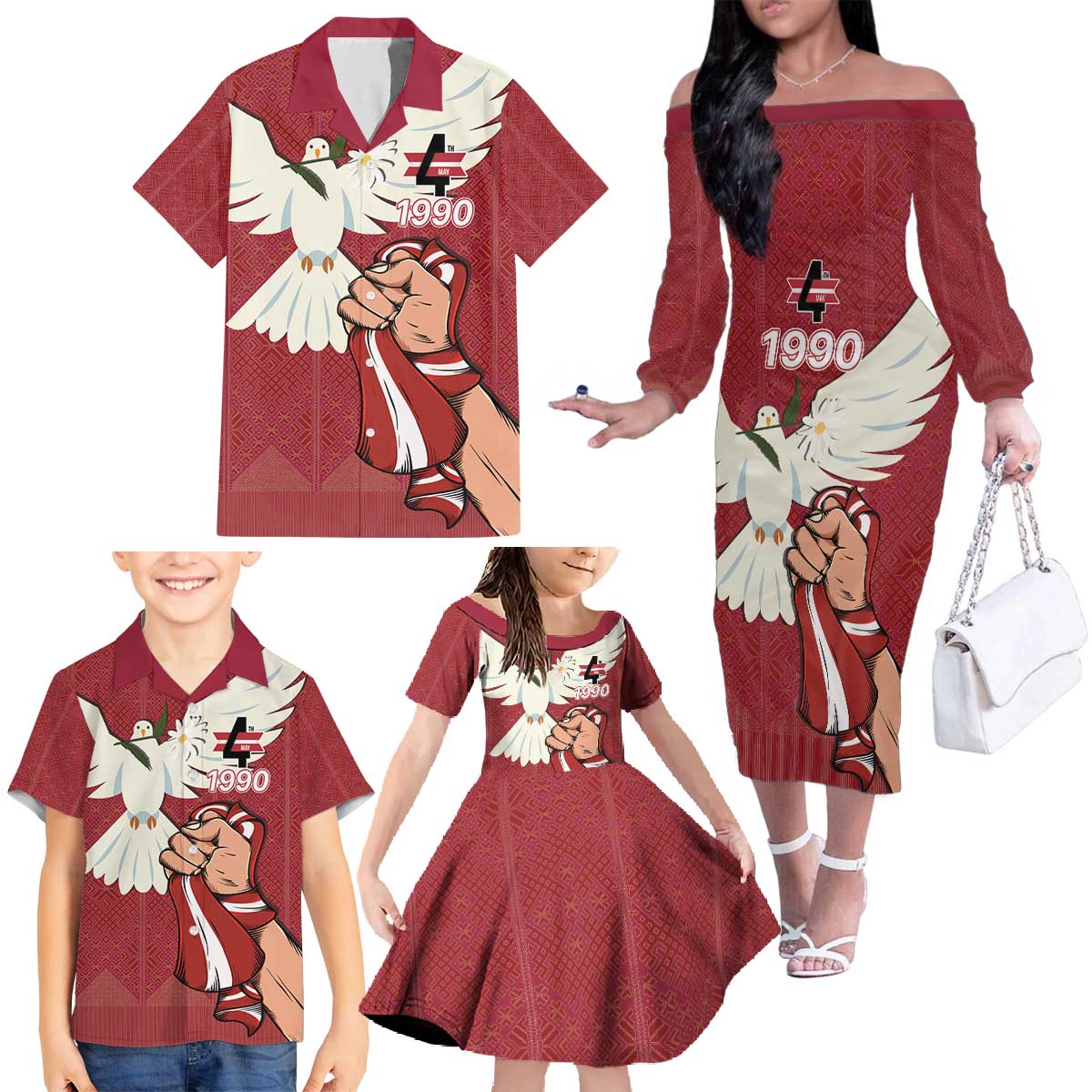 Latvia Restoration of Independence Day Family Matching Off The Shoulder Long Sleeve Dress and Hawaiian Shirt Latvija 4th May with Dove