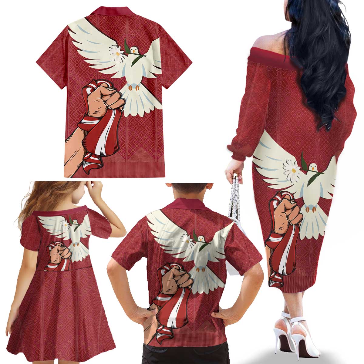Latvia Restoration of Independence Day Family Matching Off The Shoulder Long Sleeve Dress and Hawaiian Shirt Latvija 4th May with Dove