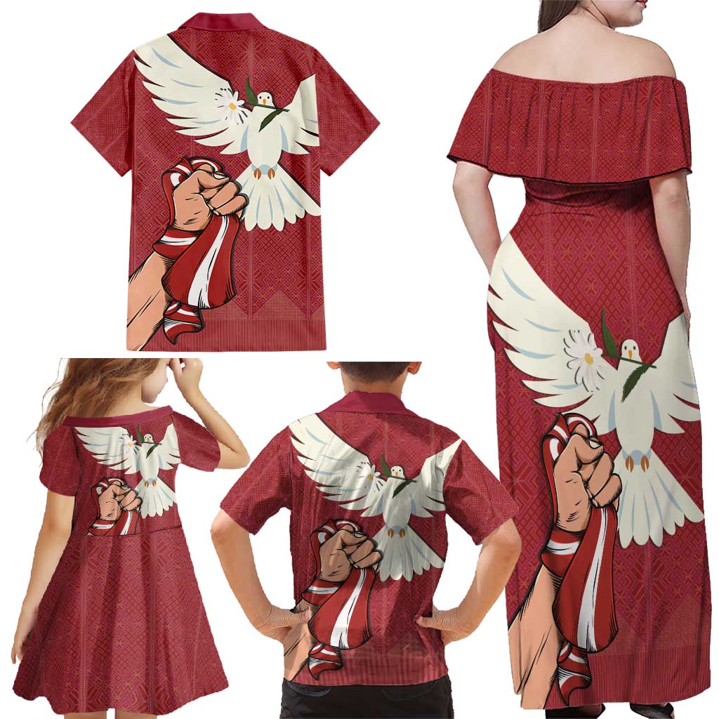 Latvia Restoration of Independence Day Family Matching Off Shoulder Maxi Dress and Hawaiian Shirt Latvija 4th May with Dove