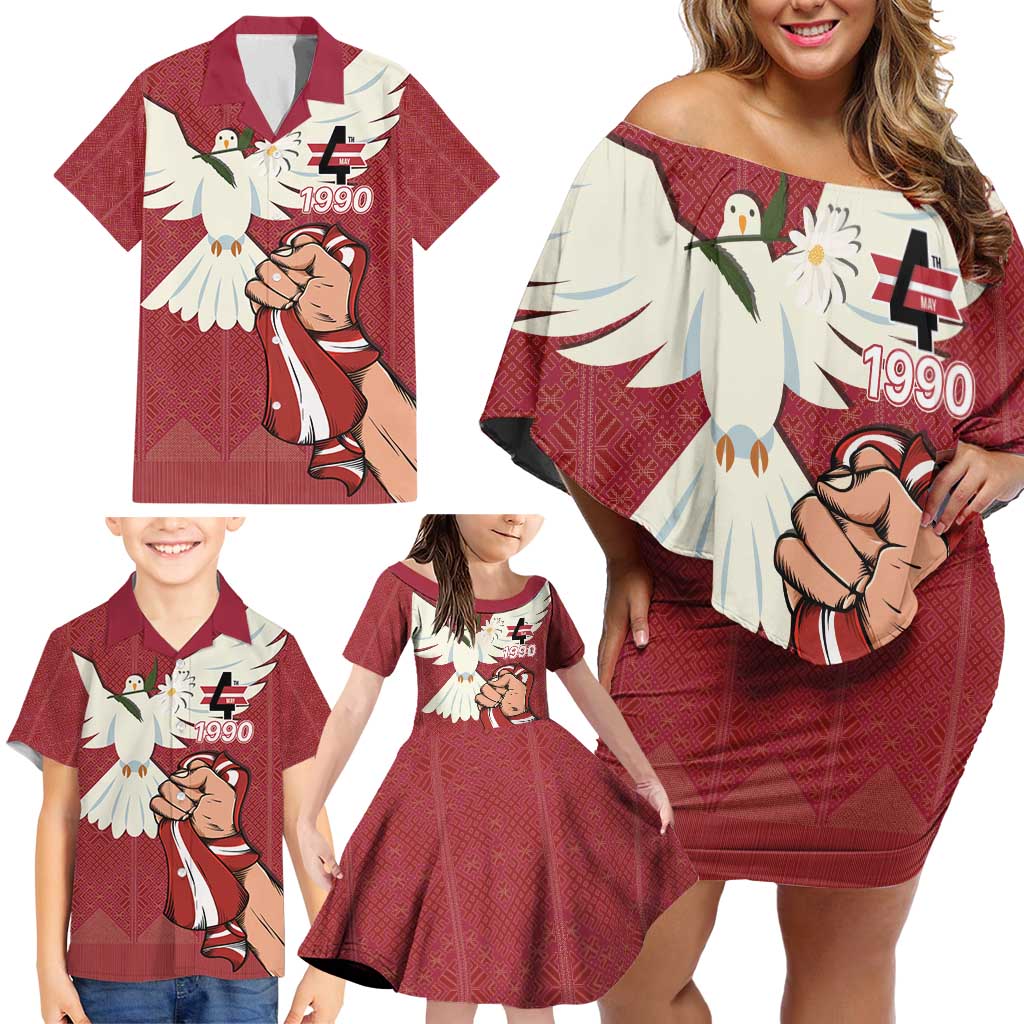 Latvia Restoration of Independence Day Family Matching Off Shoulder Short Dress and Hawaiian Shirt Latvija 4th May with Dove