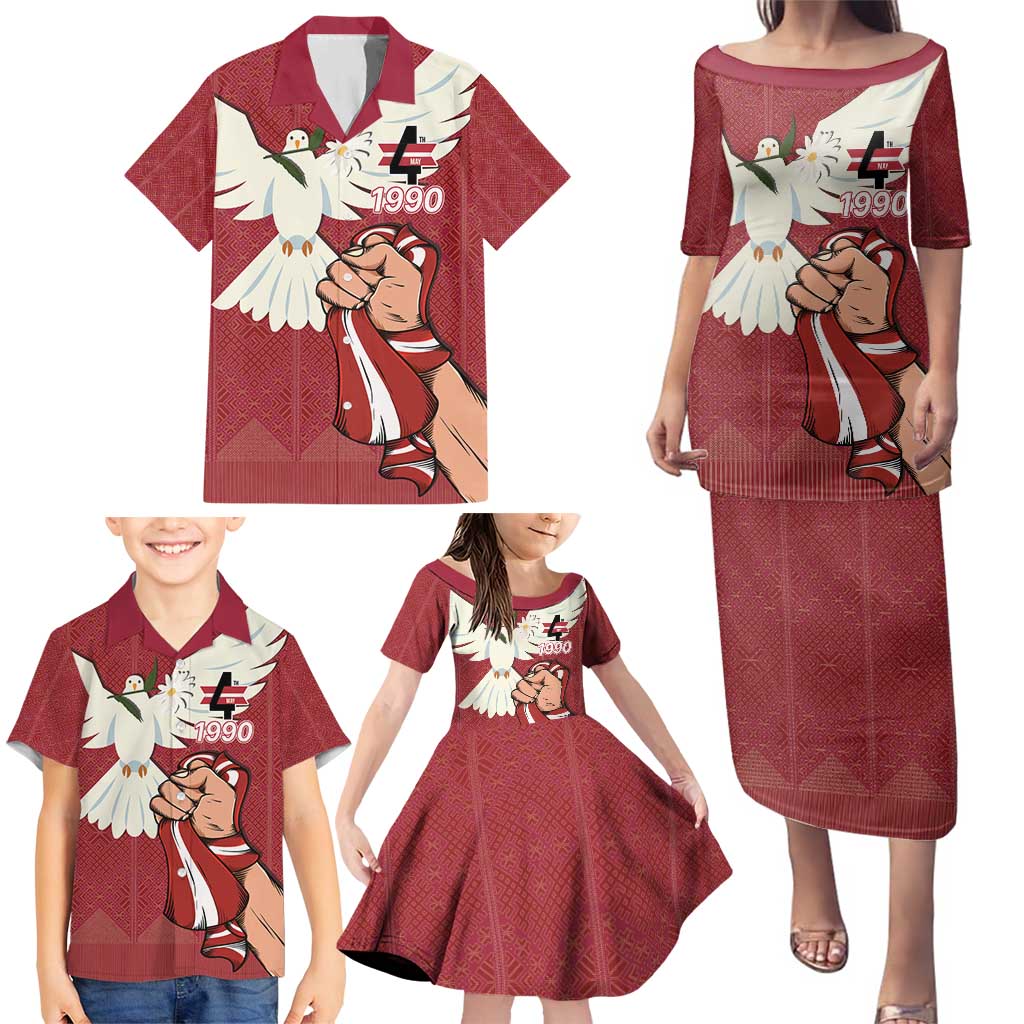 Latvia Restoration of Independence Day Family Matching Puletasi and Hawaiian Shirt Latvija 4th May with Dove
