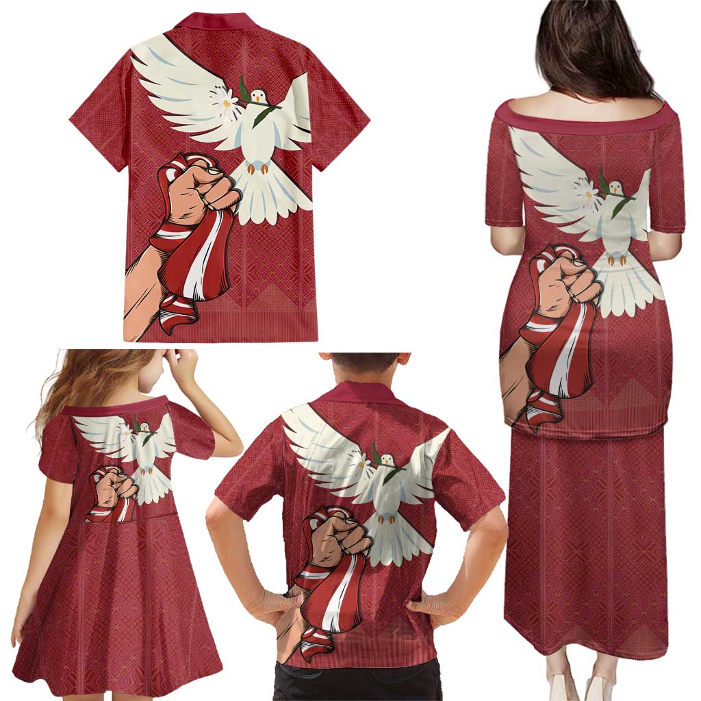 Latvia Restoration of Independence Day Family Matching Puletasi and Hawaiian Shirt Latvija 4th May with Dove