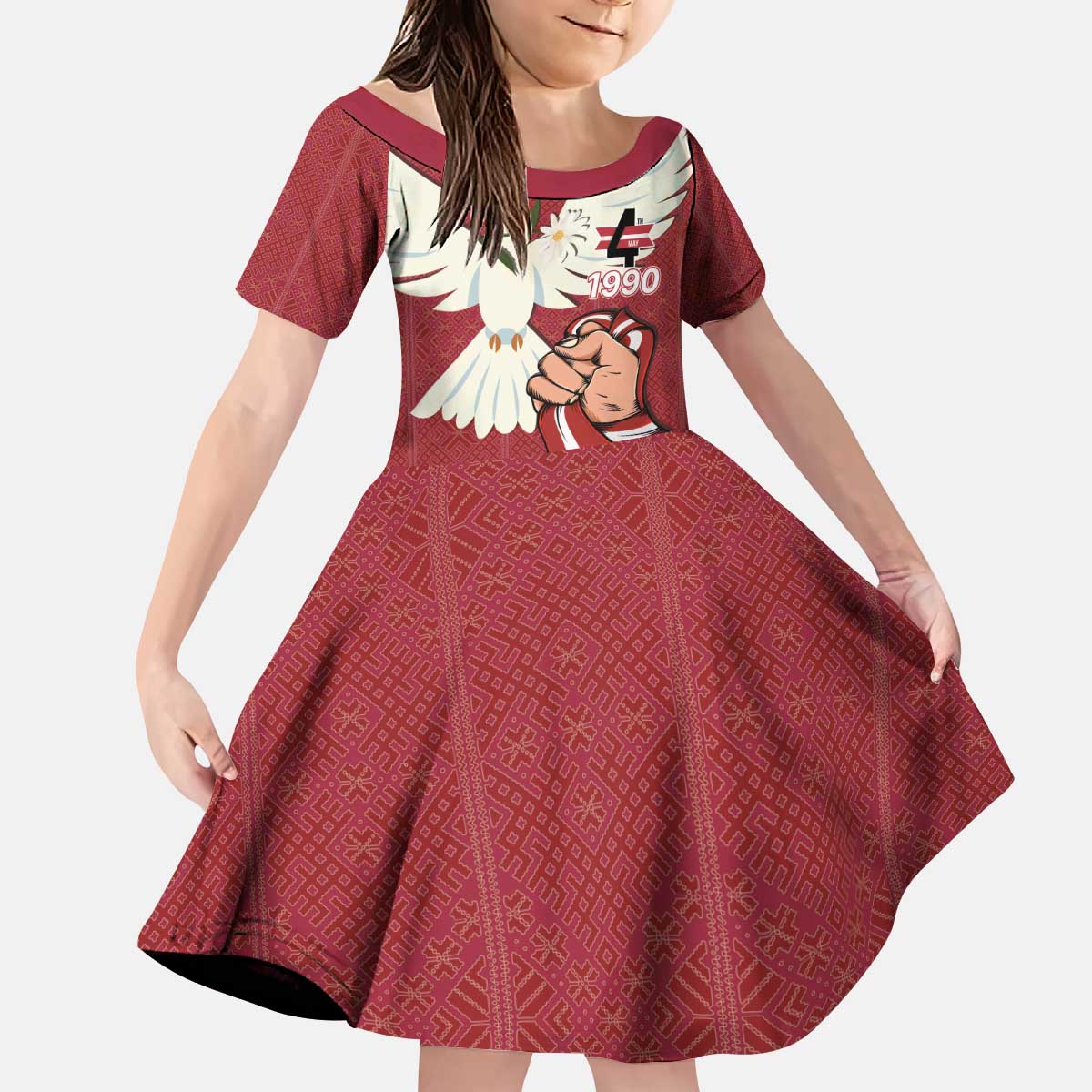 Latvia Restoration of Independence Day Kid Short Sleeve Dress Latvija 4th May with Dove