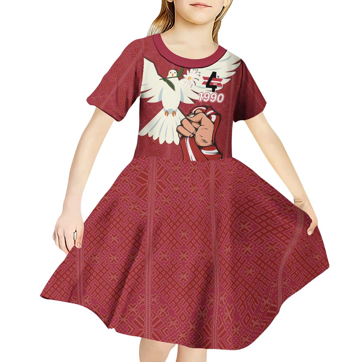 Latvia Restoration of Independence Day Kid Short Sleeve Dress Latvija 4th May with Dove
