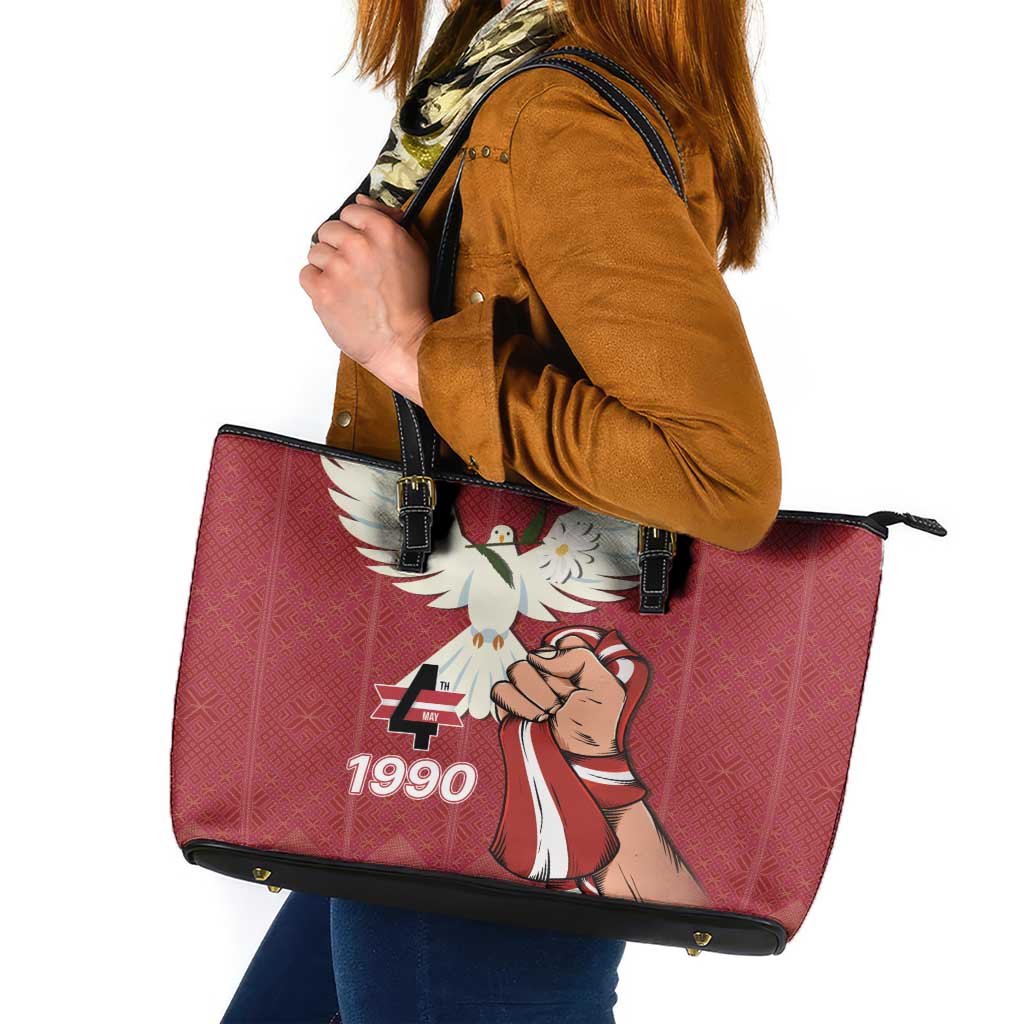 Latvia Restoration of Independence Day Leather Tote Bag Latvija 4th May with Dove