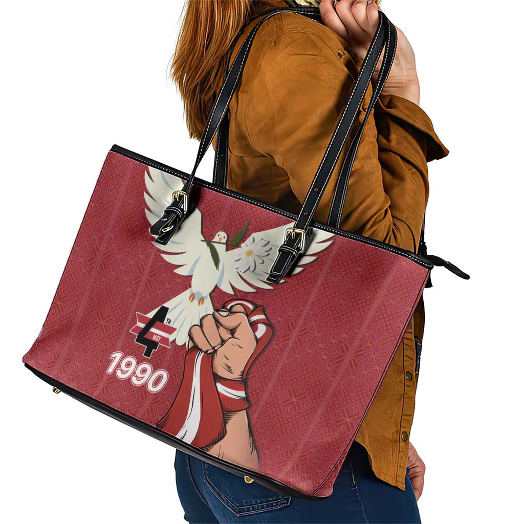 Latvia Restoration of Independence Day Leather Tote Bag Latvija 4th May with Dove
