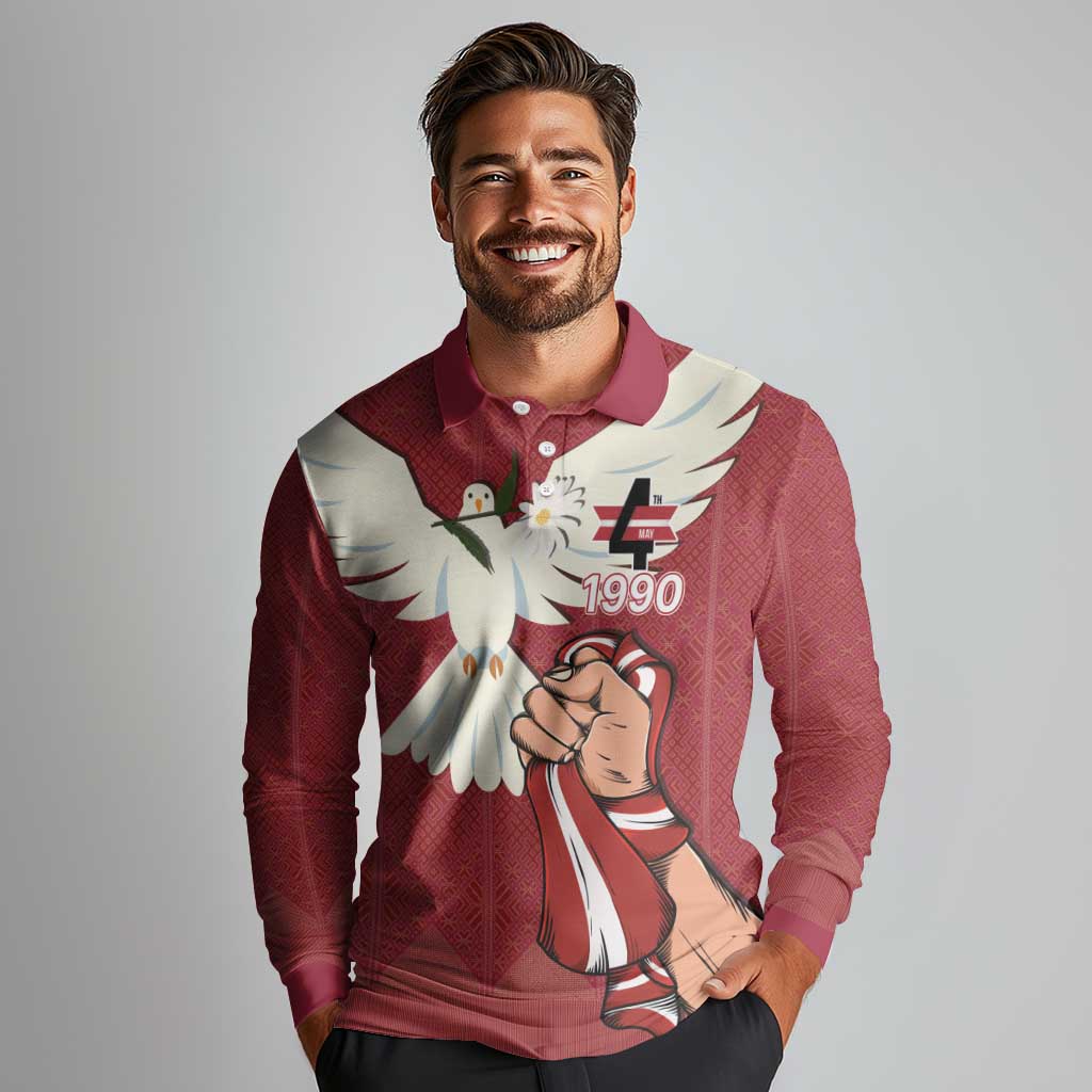 Latvia Restoration of Independence Day Long Sleeve Polo Shirt Latvija 4th May with Dove