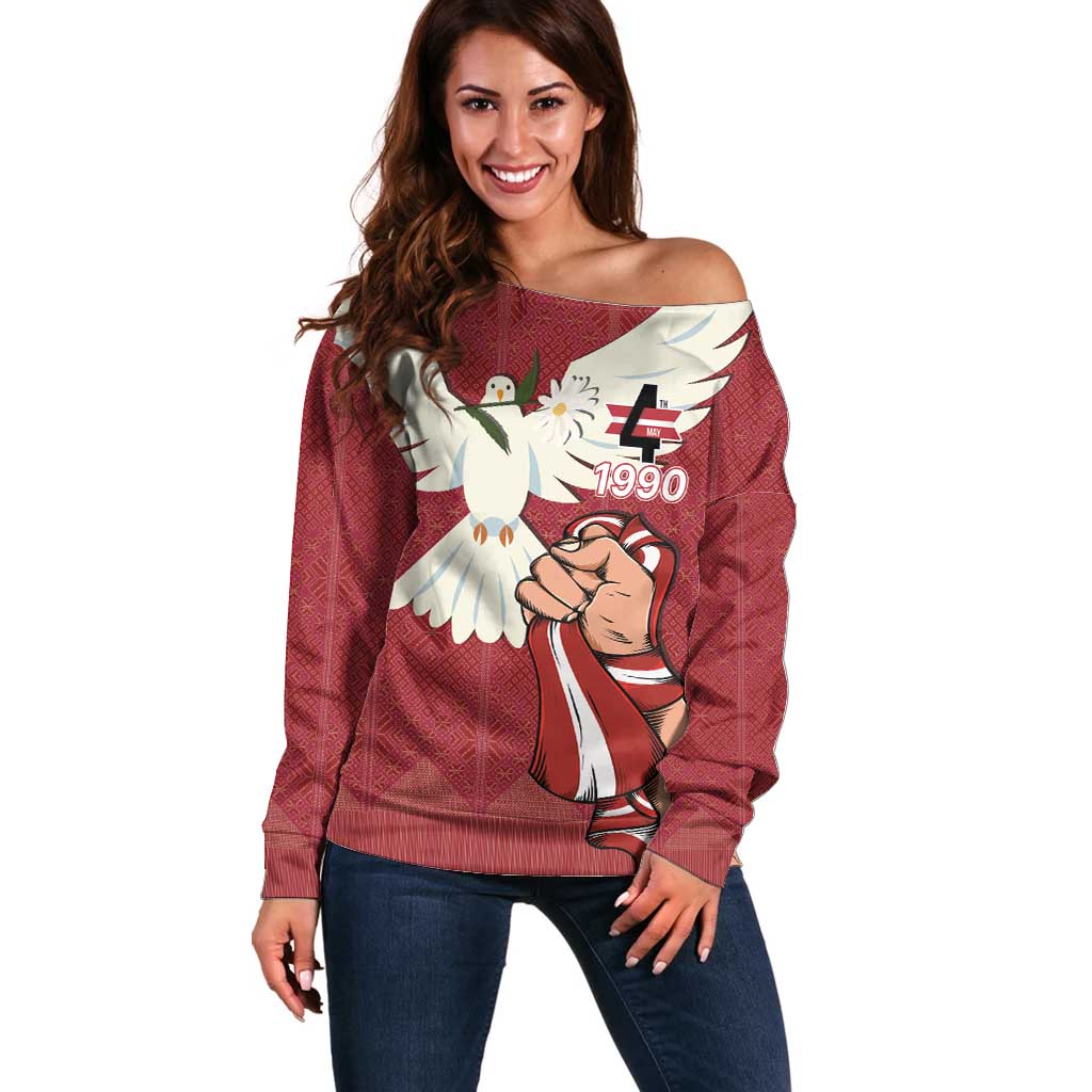 Latvia Restoration of Independence Day Off Shoulder Sweater Latvija 4th May with Dove