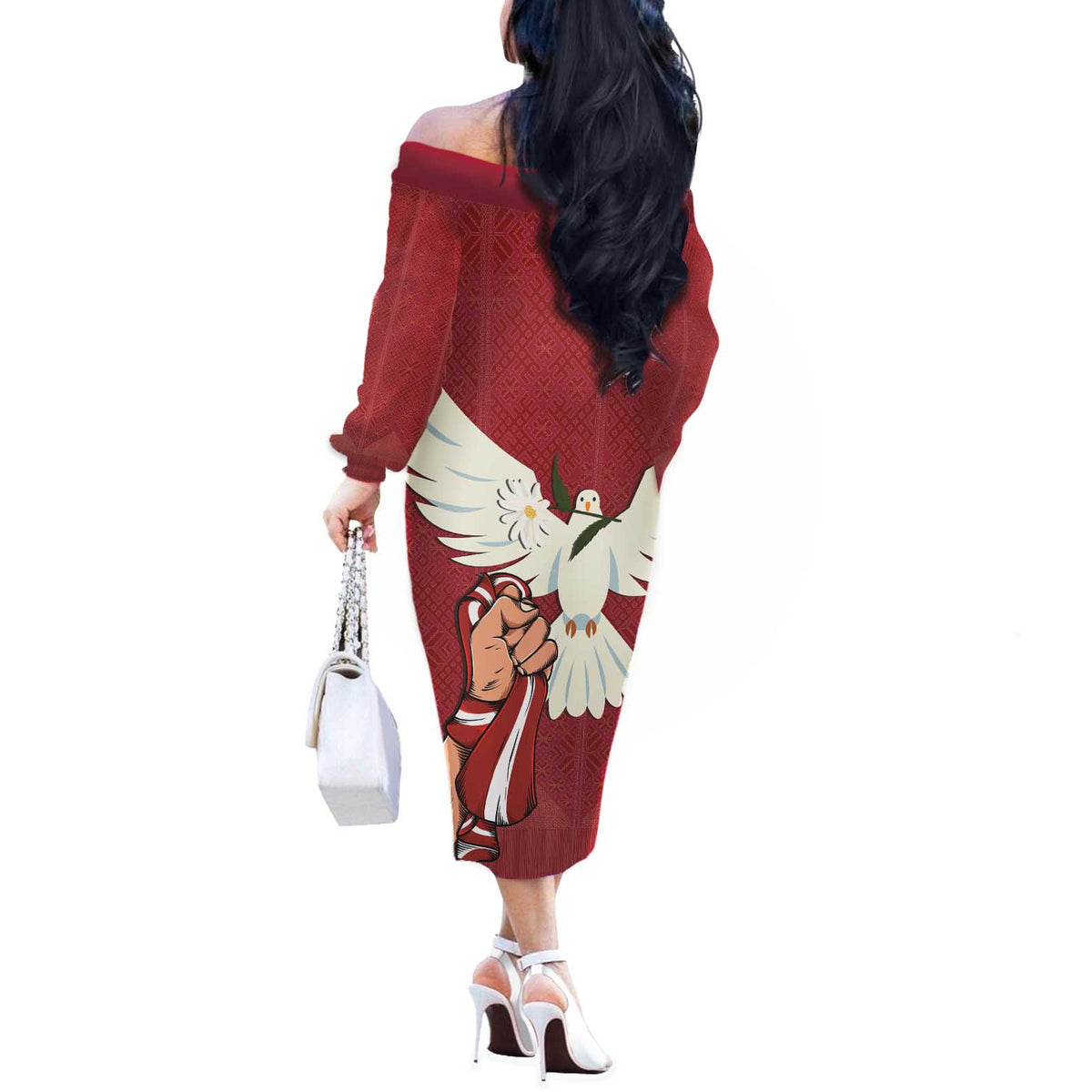 Latvia Restoration of Independence Day Off The Shoulder Long Sleeve Dress Latvija 4th May with Dove