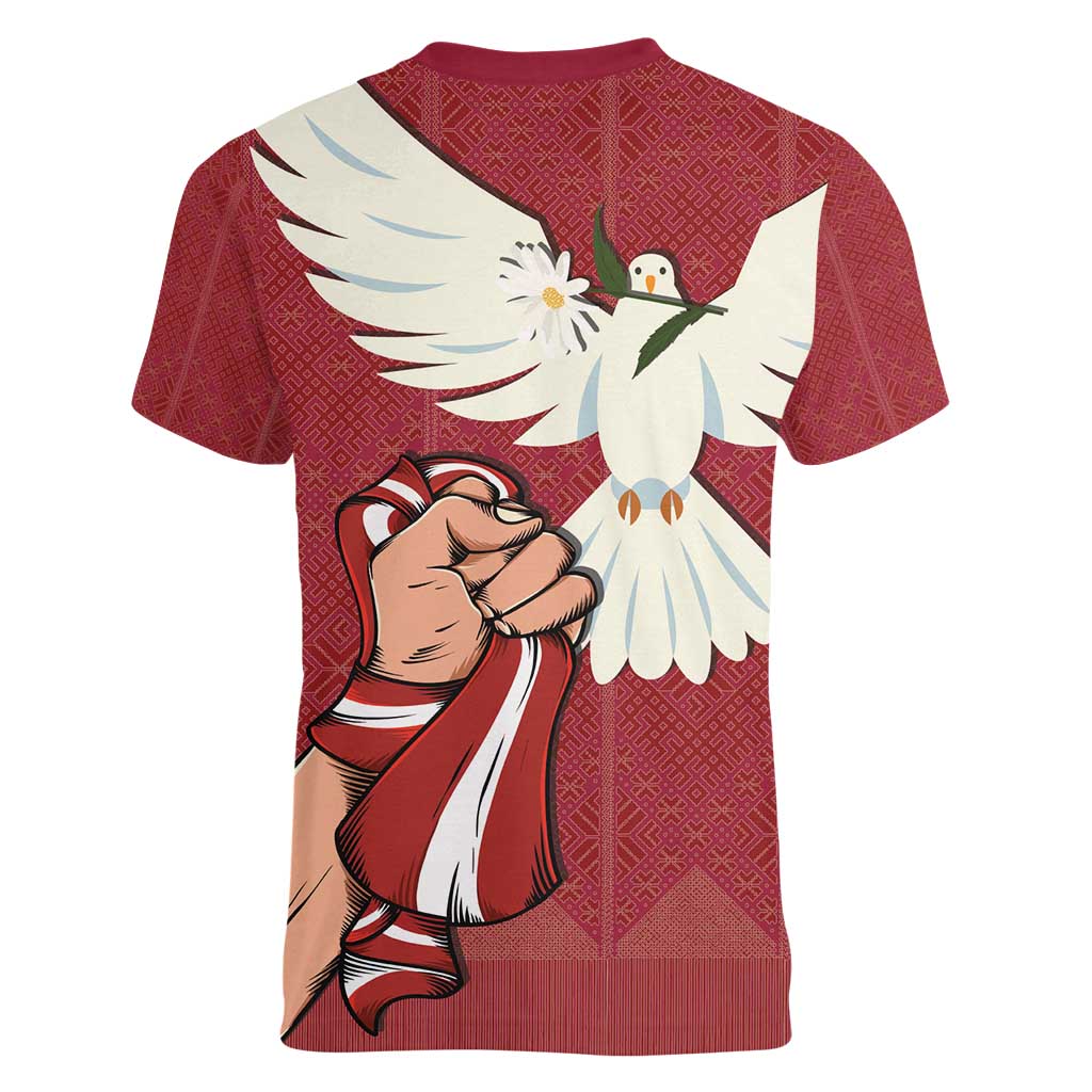 Latvia Restoration of Independence Day Women V-Neck T-Shirt Latvija 4th May with Dove