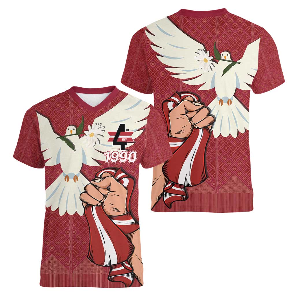 Latvia Restoration of Independence Day Women V-Neck T-Shirt Latvija 4th May with Dove