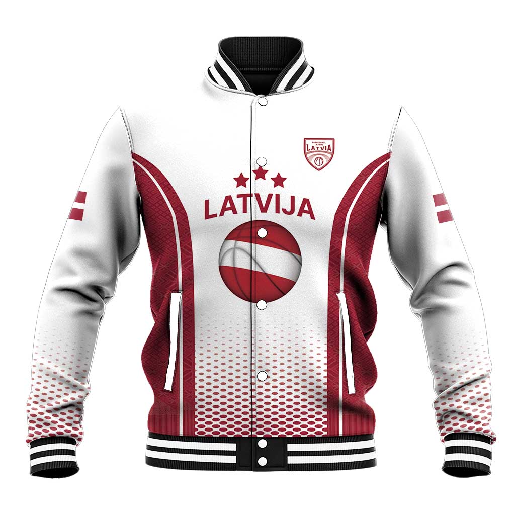 Latvia Basketball Custom Baseball Jacket White Latvian Pattern