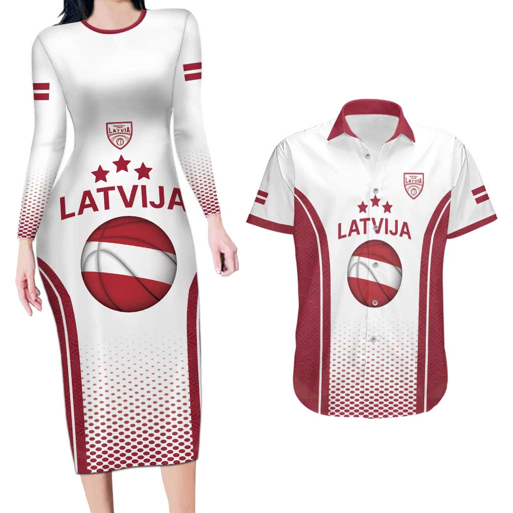Latvia Basketball Custom Couples Matching Long Sleeve Bodycon Dress and Hawaiian Shirt White Latvian Pattern